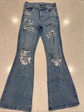 American Eagle 6 Long Super Hi-Rise Flare Destroyed Denim Next Level Stretch